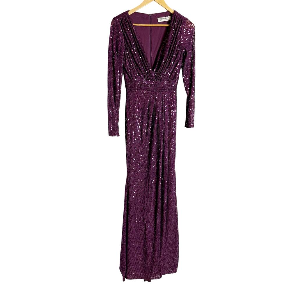 Mac Duggal Purple Sequined Long Sleeve V-Neck Slit Formal Prom Gown Size 2 - Picture 2 of 9